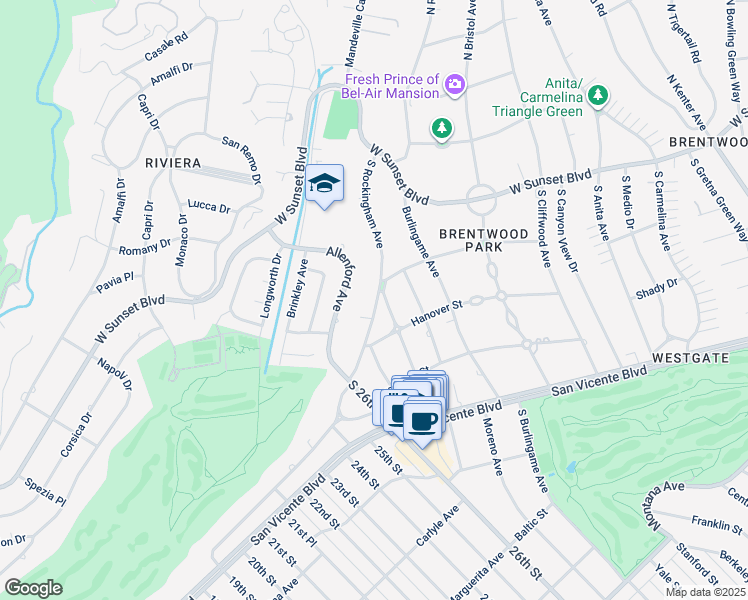 map of restaurants, bars, coffee shops, grocery stores, and more near 227 South Rockingham Avenue in Los Angeles