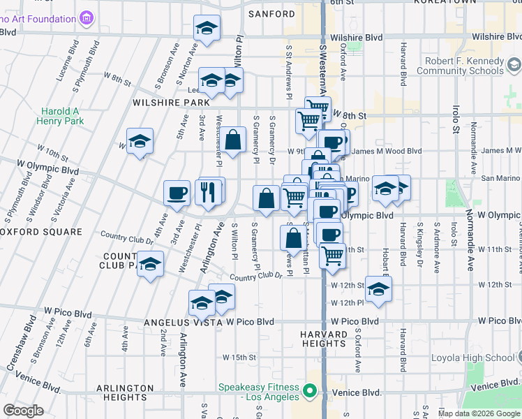 map of restaurants, bars, coffee shops, grocery stores, and more near 3429 West Olympic Boulevard in Los Angeles