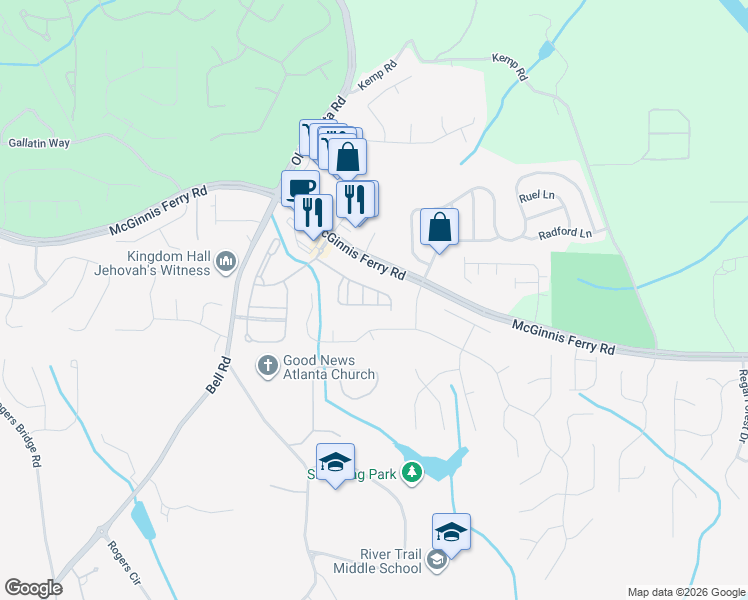 map of restaurants, bars, coffee shops, grocery stores, and more near 308 Marlowe Alley in Johns Creek