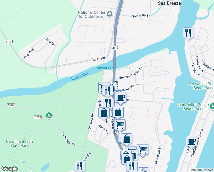 map of restaurants, bars, coffee shops, grocery stores, and more near 625 Spencer-Farlow Drive in Carolina Beach