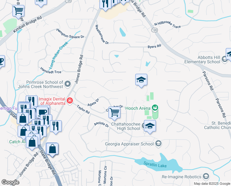 map of restaurants, bars, coffee shops, grocery stores, and more near 5105 North Bridges Drive in Alpharetta