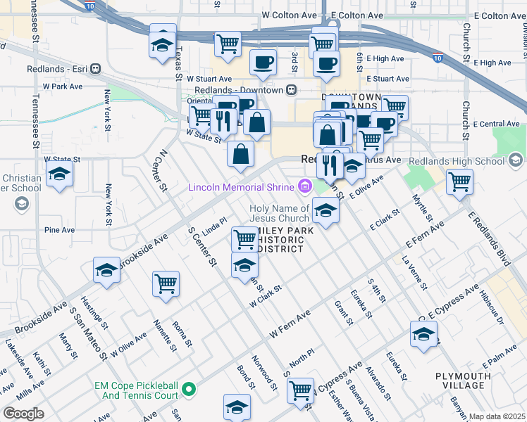 map of restaurants, bars, coffee shops, grocery stores, and more near 45 Parkwood Drive in Redlands