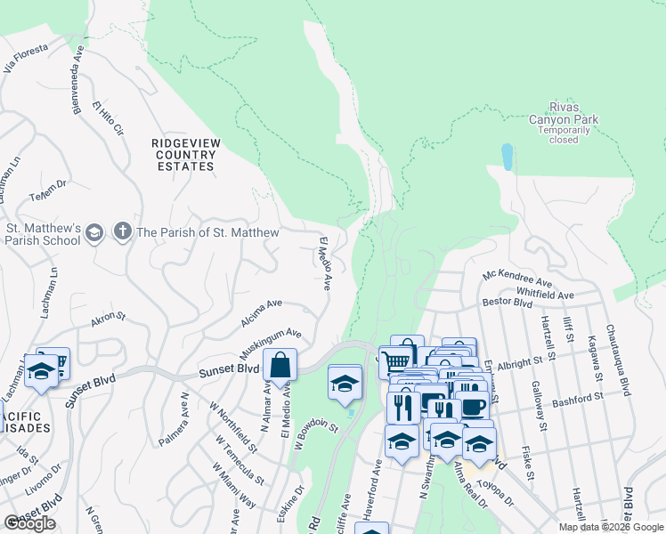 map of restaurants, bars, coffee shops, grocery stores, and more near 1054 Palisair Place in Los Angeles