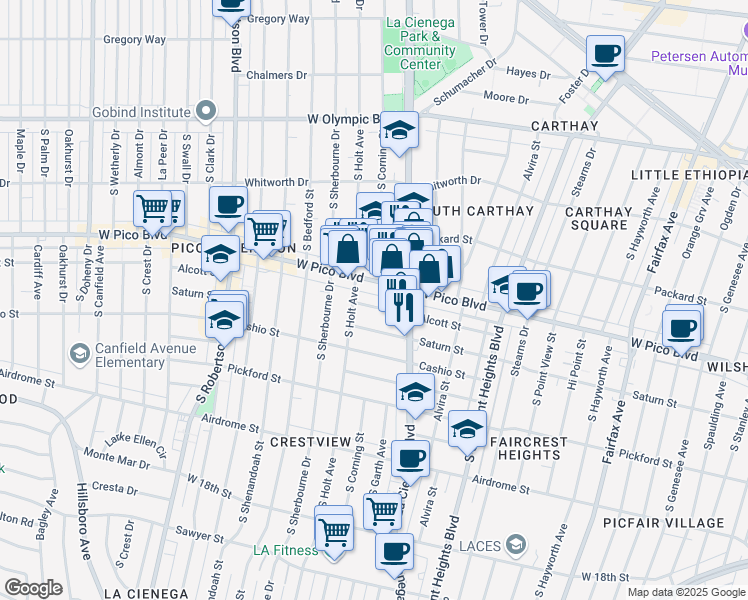 map of restaurants, bars, coffee shops, grocery stores, and more near 8541 Alcott Street in Los Angeles