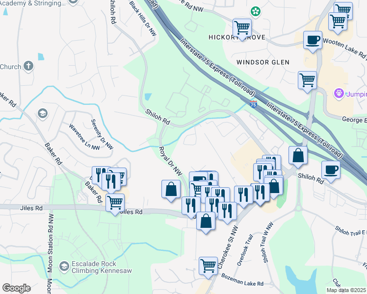 map of restaurants, bars, coffee shops, grocery stores, and more near 4146 Royal Regency Circle in Kennesaw