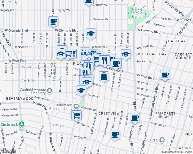 map of restaurants, bars, coffee shops, grocery stores, and more near 1450 South Wooster Street in Los Angeles