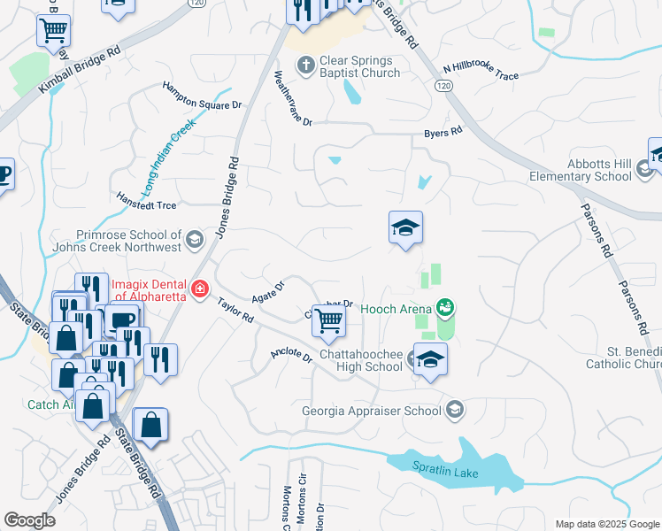 map of restaurants, bars, coffee shops, grocery stores, and more near 5085 North Bridges Drive in Alpharetta