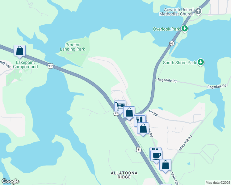 map of restaurants, bars, coffee shops, grocery stores, and more near 3975 Abernathy Farm Way Northwest in Acworth