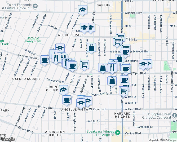 map of restaurants, bars, coffee shops, grocery stores, and more near 3511 South Wilton Place in Los Angeles