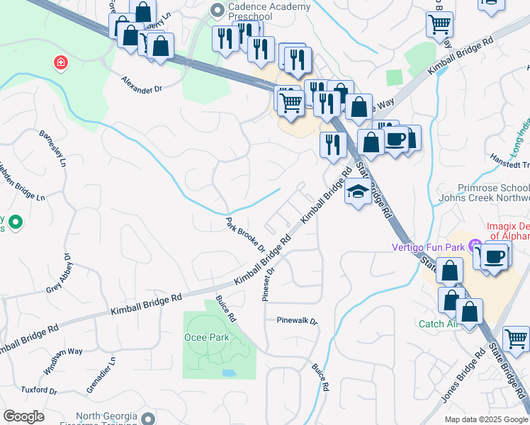 map of restaurants, bars, coffee shops, grocery stores, and more near 4272 Blue House Lane in Alpharetta