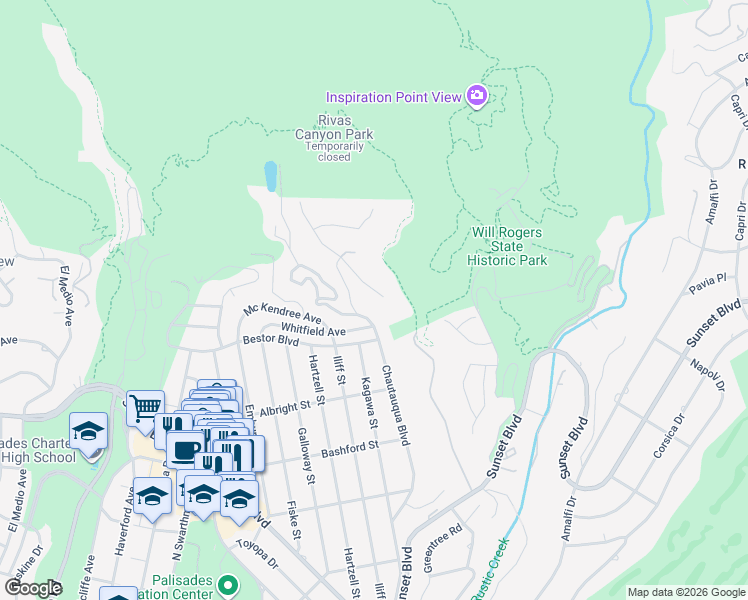 map of restaurants, bars, coffee shops, grocery stores, and more near 1275 Marinette Road in Los Angeles