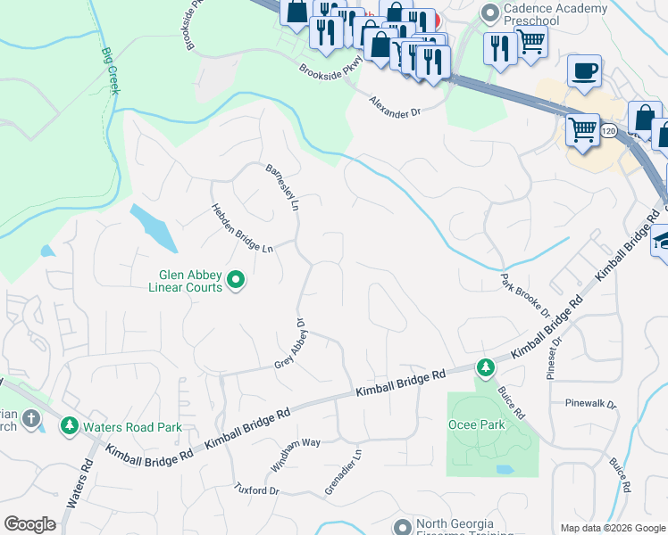 map of restaurants, bars, coffee shops, grocery stores, and more near 3875 Grey Abbey Drive in Alpharetta