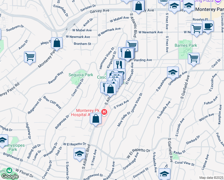 map of restaurants, bars, coffee shops, grocery stores, and more near 751 South Atlantic Boulevard in Monterey Park