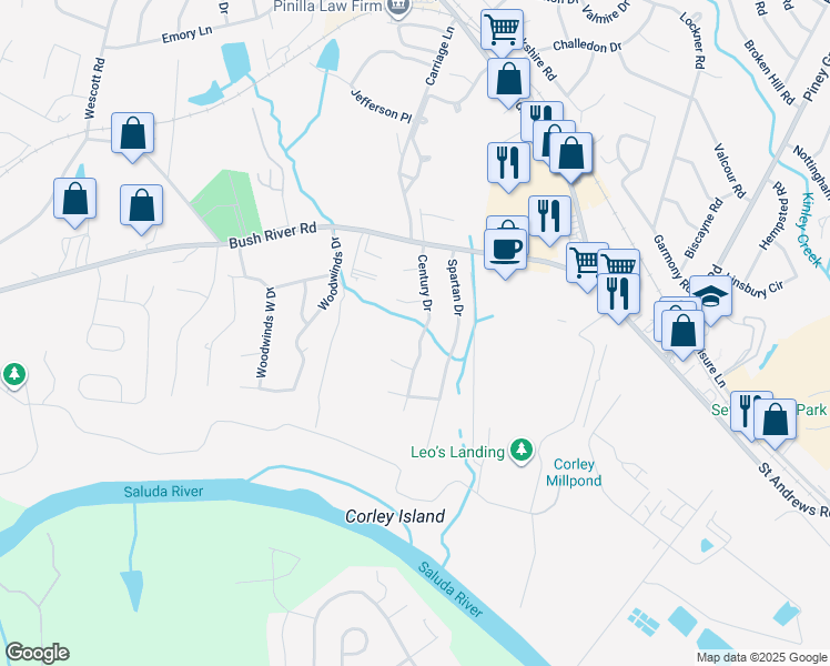 map of restaurants, bars, coffee shops, grocery stores, and more near 205 Century Drive in Columbia