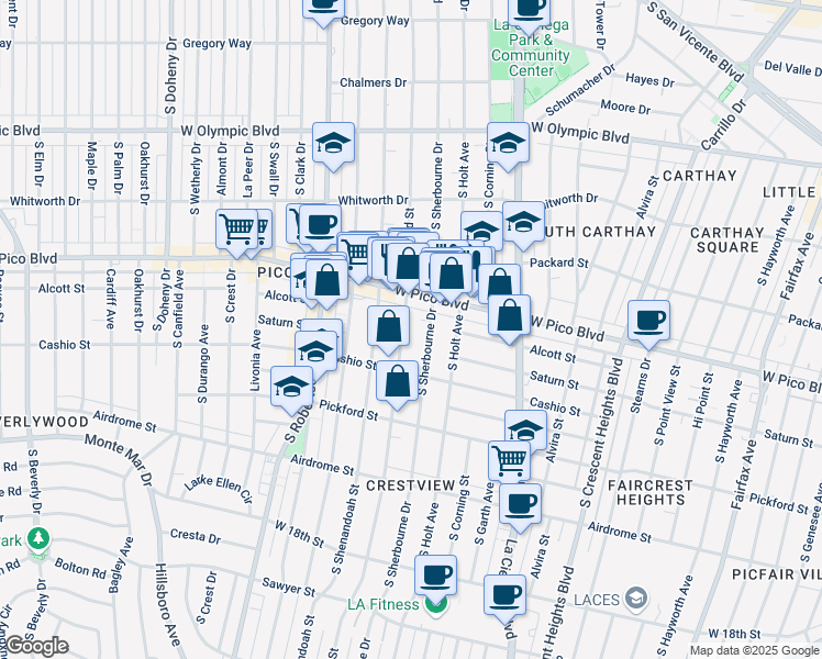 map of restaurants, bars, coffee shops, grocery stores, and more near 1436 South Bedford Street in Los Angeles