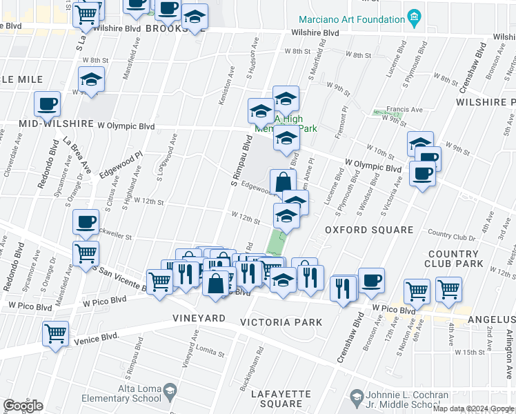 map of restaurants, bars, coffee shops, grocery stores, and more near 1173 South Muirfield Road in Los Angeles