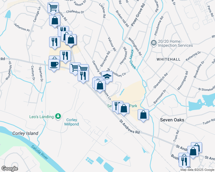 map of restaurants, bars, coffee shops, grocery stores, and more near 298 Leisure Lane in Columbia