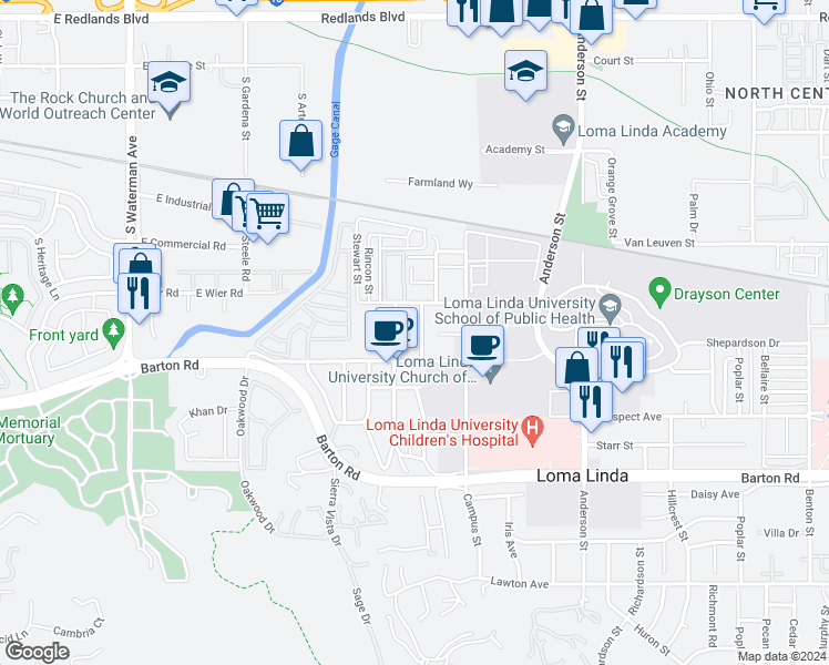 map of restaurants, bars, coffee shops, grocery stores, and more near 11052 Evans Street in Loma Linda