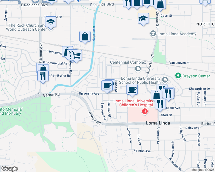 map of restaurants, bars, coffee shops, grocery stores, and more near 11054 San Juan St in Loma Linda