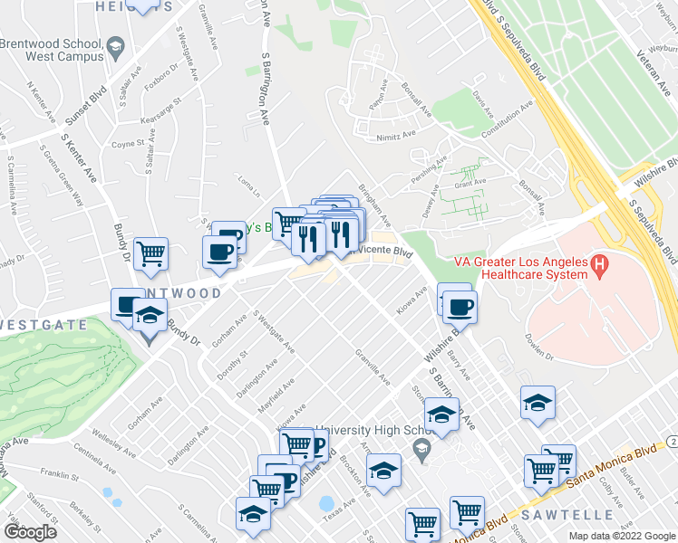 map of restaurants, bars, coffee shops, grocery stores, and more near 11700 Dorothy Street in Los Angeles