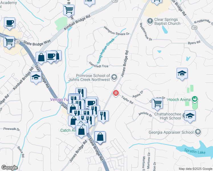 map of restaurants, bars, coffee shops, grocery stores, and more near 11195 Crowthore Court in Alpharetta