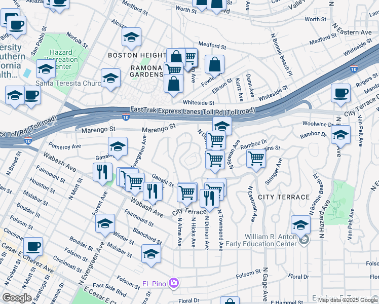 map of restaurants, bars, coffee shops, grocery stores, and more near 1268 North Hicks Avenue in Los Angeles
