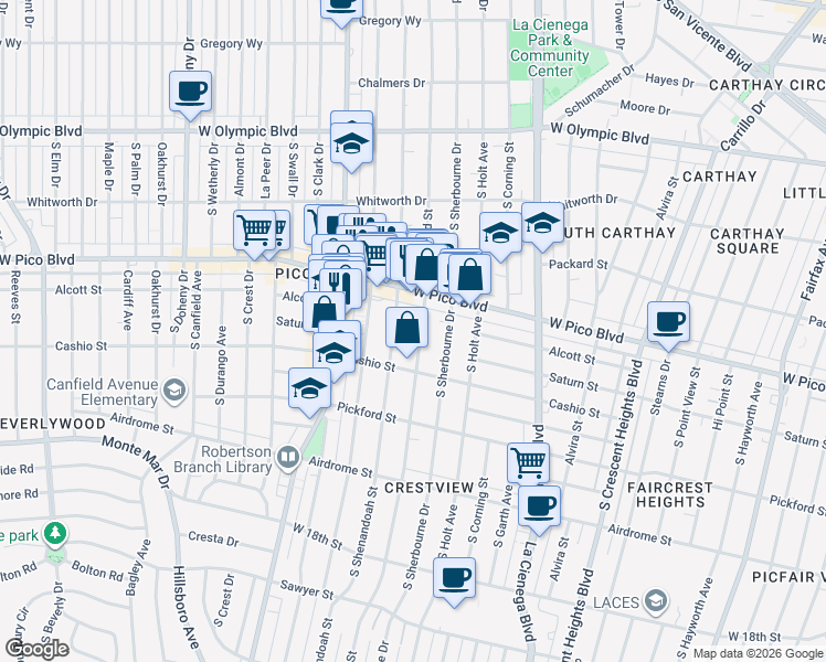 map of restaurants, bars, coffee shops, grocery stores, and more near 1442 South Shenandoah Street in Los Angeles