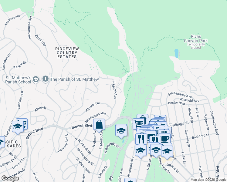 map of restaurants, bars, coffee shops, grocery stores, and more near 1054 Palisair Place in Los Angeles