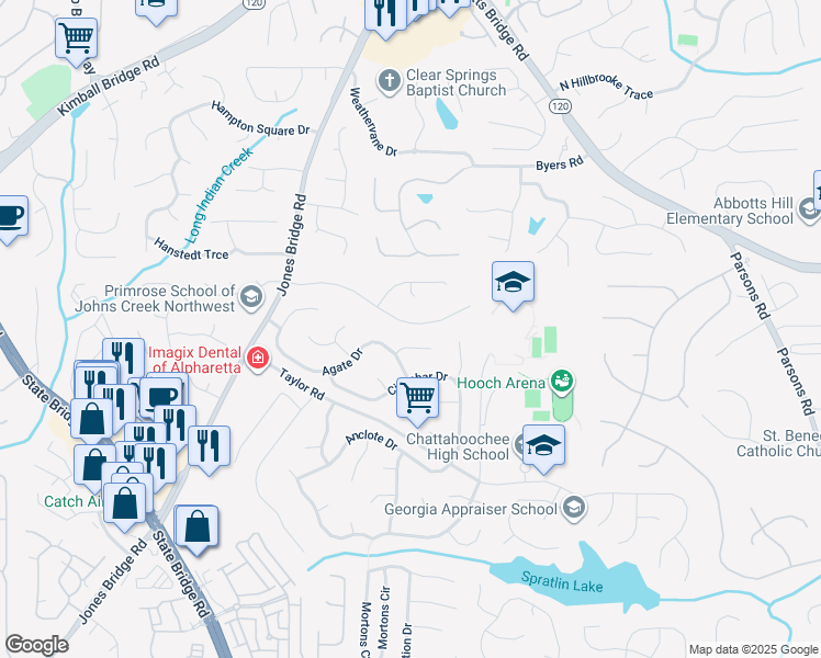 map of restaurants, bars, coffee shops, grocery stores, and more near 5085 North Bridges Drive in Alpharetta