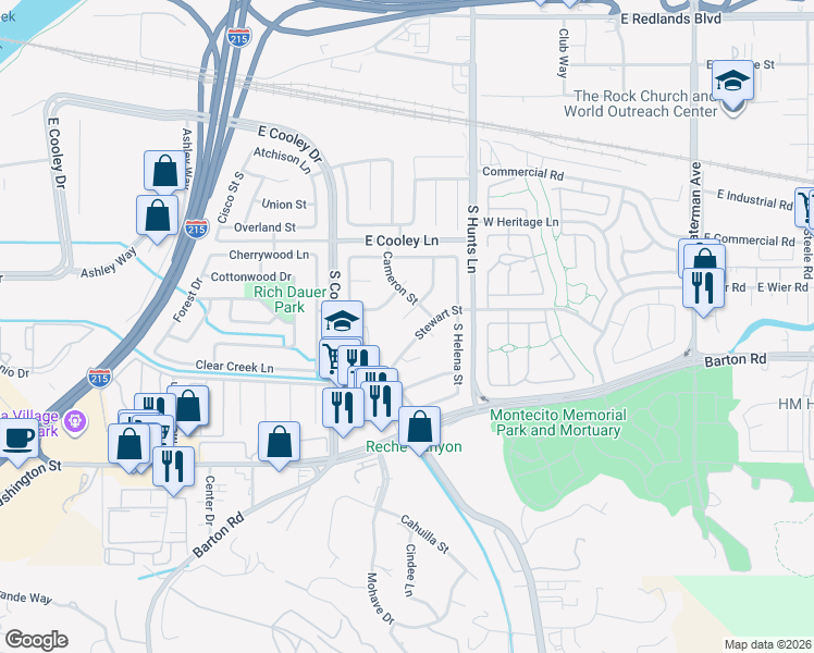 map of restaurants, bars, coffee shops, grocery stores, and more near 2165 Stewart Street in Colton