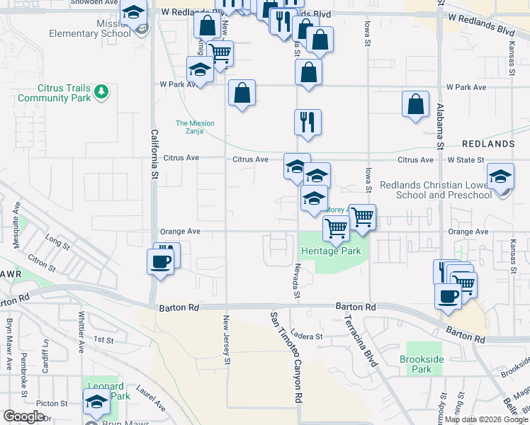 map of restaurants, bars, coffee shops, grocery stores, and more near in Redlands