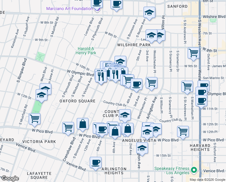 map of restaurants, bars, coffee shops, grocery stores, and more near 1035 South Norton Avenue in Los Angeles
