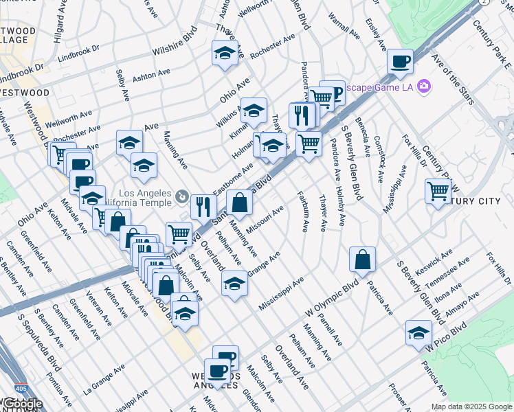 map of restaurants, bars, coffee shops, grocery stores, and more near 1817 Prosser Avenue in Los Angeles