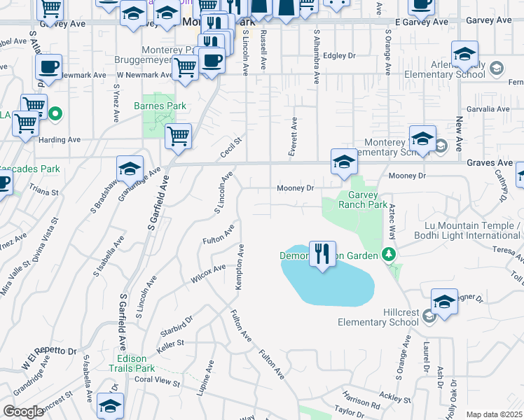 map of restaurants, bars, coffee shops, grocery stores, and more near 224 Ransom Way in Monterey Park