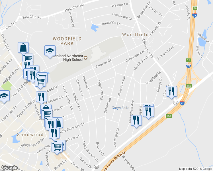 map of restaurants, bars, coffee shops, grocery stores, and more near 1604 Sigma Court in Columbia