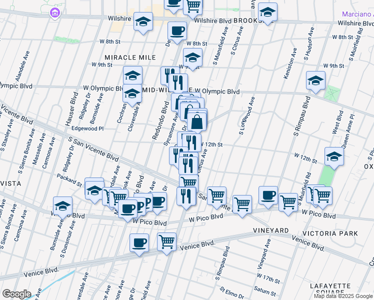 map of restaurants, bars, coffee shops, grocery stores, and more near 1213 South La Brea Avenue in Los Angeles