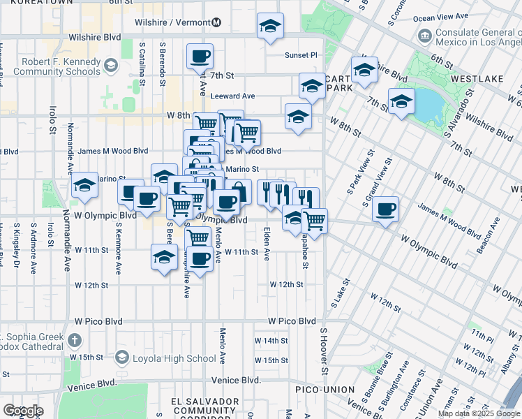 map of restaurants, bars, coffee shops, grocery stores, and more near 978 South Westmoreland Avenue in Los Angeles