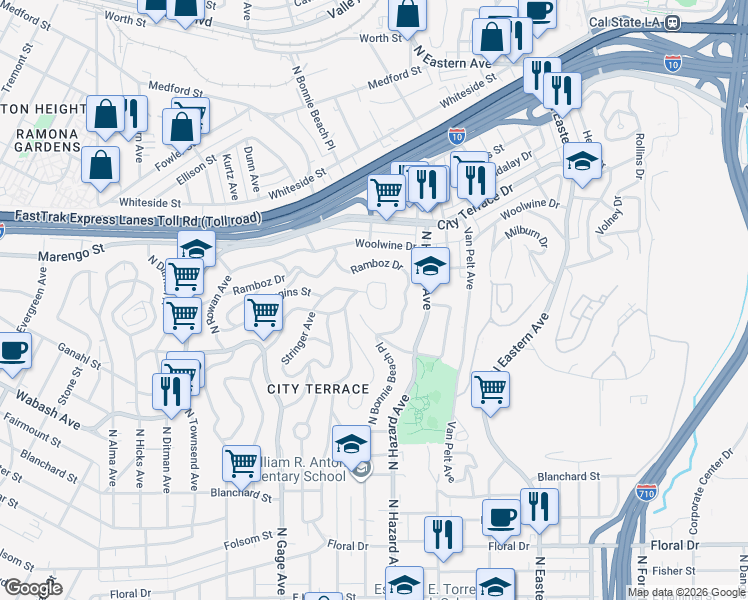map of restaurants, bars, coffee shops, grocery stores, and more near 3917 Dwiggins Street in Los Angeles