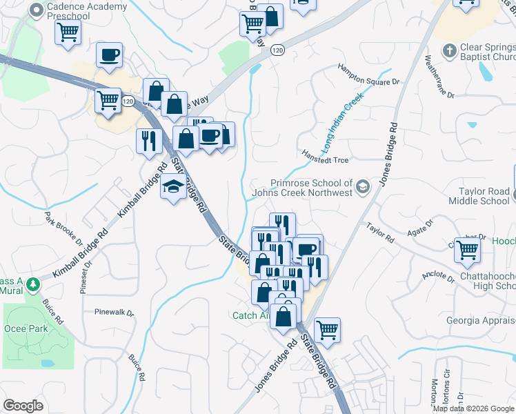 map of restaurants, bars, coffee shops, grocery stores, and more near 11201 State Bridge Road in Johns Creek