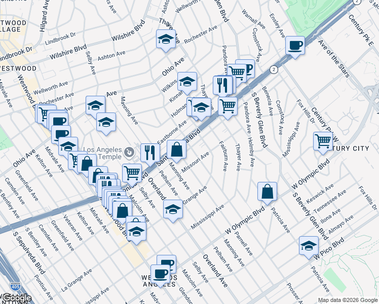 map of restaurants, bars, coffee shops, grocery stores, and more near 1817 Prosser Avenue in Los Angeles