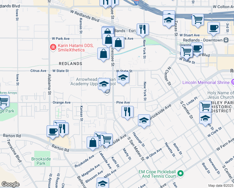 map of restaurants, bars, coffee shops, grocery stores, and more near 100 Tennessee Street in Redlands