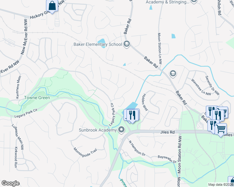 map of restaurants, bars, coffee shops, grocery stores, and more near 2558 Fairlawn Downs Northwest in Kennesaw