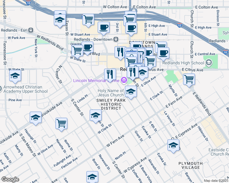 map of restaurants, bars, coffee shops, grocery stores, and more near 129 Grant Street in Redlands