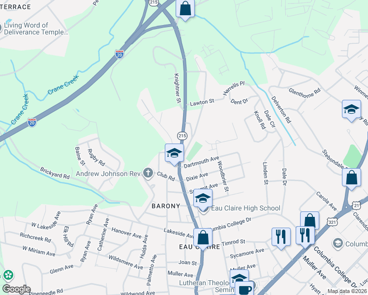 map of restaurants, bars, coffee shops, grocery stores, and more near 5206 Ridgewood Camp Road in Columbia