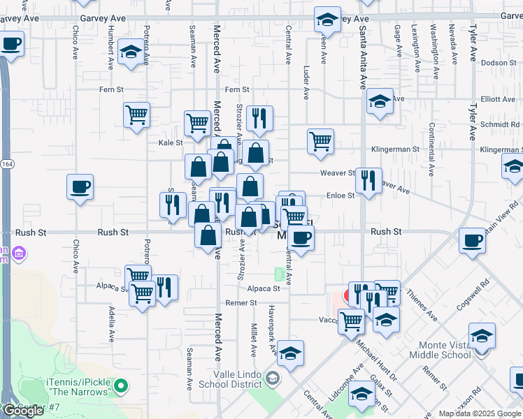 map of restaurants, bars, coffee shops, grocery stores, and more near 2110 Edwards Avenue in South El Monte