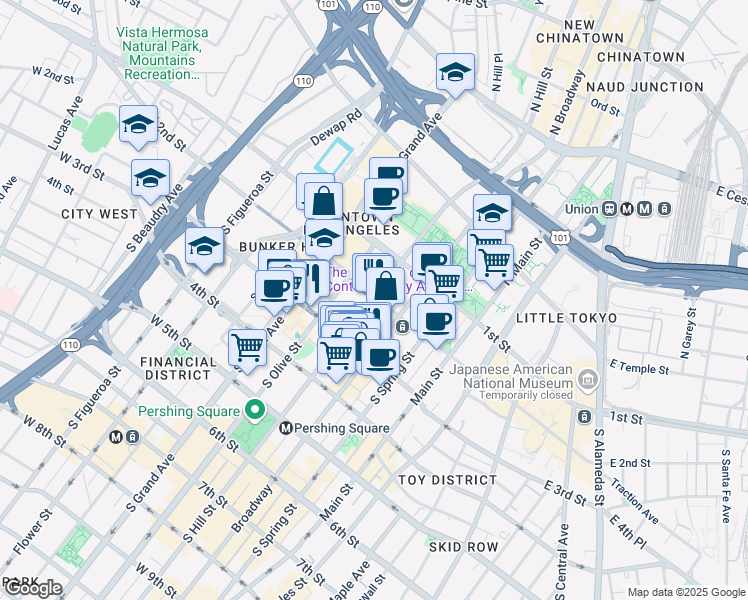 map of restaurants, bars, coffee shops, grocery stores, and more near 234 South Hill Street in Los Angeles