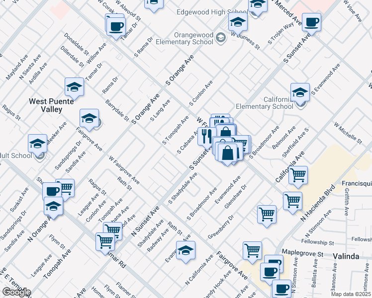 map of restaurants, bars, coffee shops, grocery stores, and more near 1760 South Cabana Avenue in West Covina