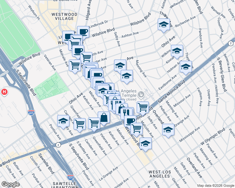 map of restaurants, bars, coffee shops, grocery stores, and more near 1645 Malcolm Avenue in Los Angeles