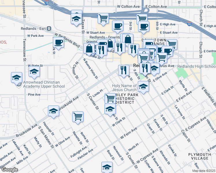 map of restaurants, bars, coffee shops, grocery stores, and more near 19 South Buena Vista Street in Redlands