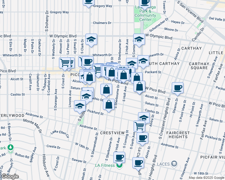 map of restaurants, bars, coffee shops, grocery stores, and more near 1436 South Bedford Street in Los Angeles